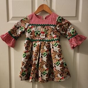 Christmas Dress Handmade Size 4 Sparkly Santa Ginger Bread Great Quality